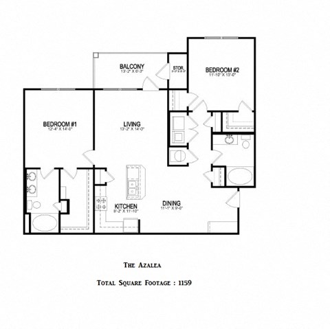 Floor plan for 2 beds, 2 baths, 1159 sqft